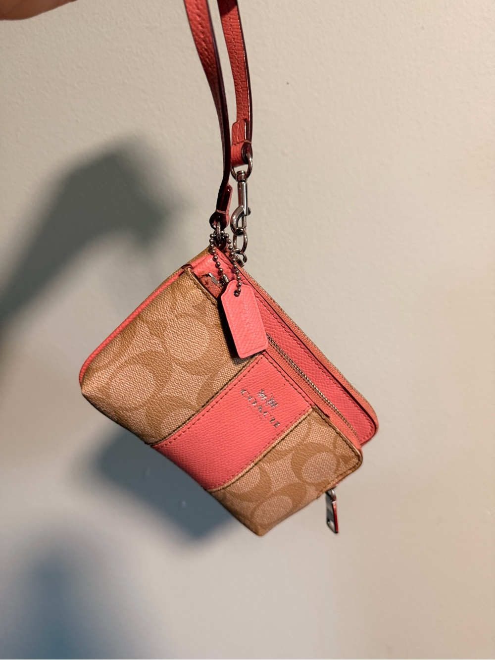 Coach Pink & Tan Signature Wristlet Coin Pouch